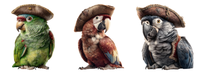 Colorful Pirate Birds with Hats on Transparent Background