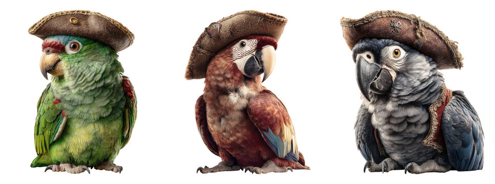 Colorful Pirate Birds with Hats on Transparent Background
