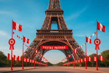Paris landmarks decorated for Peru’s Independence Day – 28th of July patriotic celebration with Peruvian flags and red-white festive elements in France