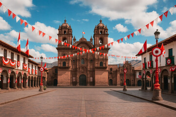 Cusco main square decorated for Peru’s Independence Day – patriotic 28th of July celebration with flags, flowers and red-white festive elements
