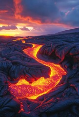 Molten lava flows through landscape under sunset sky.