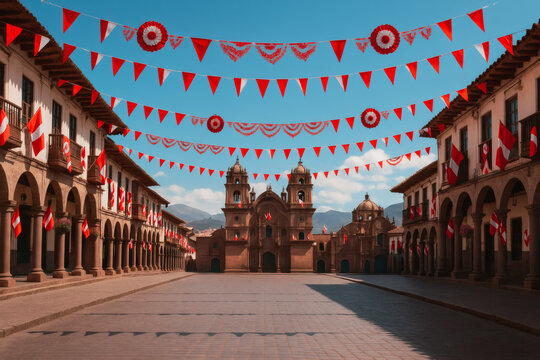 Cusco main square decorated for Peru’s Independence Day – patriotic 28th of July celebration with flags, flowers and red-white festive elements - Powered by Adobe