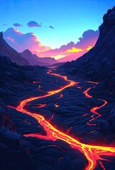 Molten river of lava flowing through a valley at sunset.