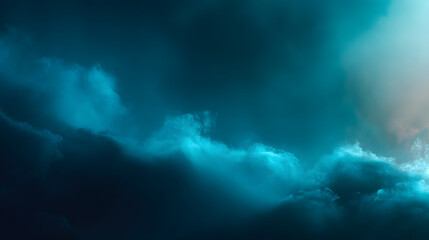 Obraz premium Teal Cloudscape: An ethereal teal cloudscape unfolds, a dramatic and moody scene where dark, swirling clouds meet a lighter, almost luminescent edge.