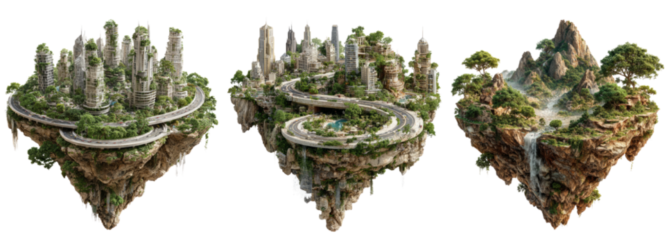 Futuristic Floating Landscapes with Urban and Natural Elements