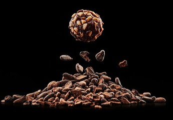 Chocolate truffle suspended over cocoa nibs, dark background
