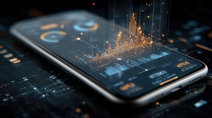 Modern smartphone displaying financial data stock market graphs and analytics with glowing digital overlays in a dark setting