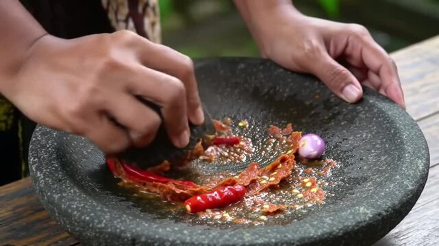 Traditional sambal making with fried garlic, fried shallots, grilled tomato and shrimp paste. Authentic sambal ingredients ground by hand. Close-up slow motion of sambal ingredients being ground.