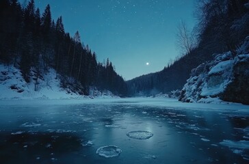 Frozen river in winter landscape under starry night, serene scene, scenic view.