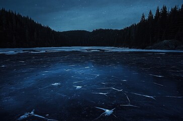and keyword list based on the image, along with a suggested category

 Frozen Lake at Night Reflecting Stars and Trees, Dark and Serene Nature Scene.