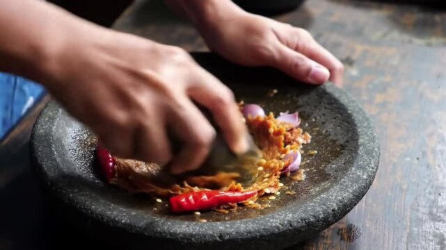 Traditional sambal making with fried garlic, fried shallots, grilled tomato and shrimp paste. Authentic sambal ingredients ground by hand. Close-up slow motion of sambal ingredients being ground.