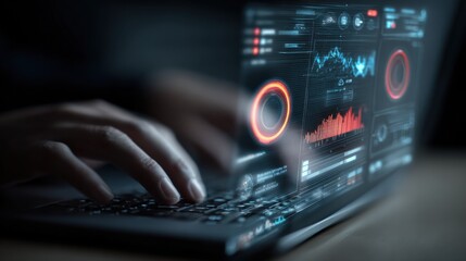 Modern high-tech data analysis and digital visualization on a computer screen featu glowing graphs charts and futuristic interface