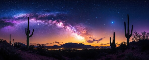 Desert cacti silhouette under the Milky Way galaxy at dusk, overlooking distant mountains