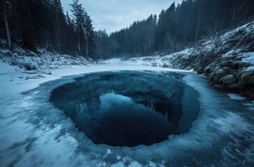 Frozen lake reflecting sky, surrounded by snowy forest, winter scene outdoors.