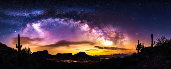 Galactic view of desert landscape under a stunning colorful starry sky, with cacti, mountains