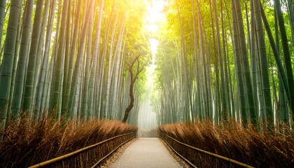 Sunlit bamboo forest path (1)