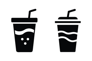 Two stylized black silhouette icons of disposable paper cups with straws and bubbly drinks representing beverages and refreshment