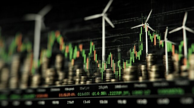 Financial market graph with rising trend line and wind turbines in the background symbolizing renewable energy investments and sustainable growth