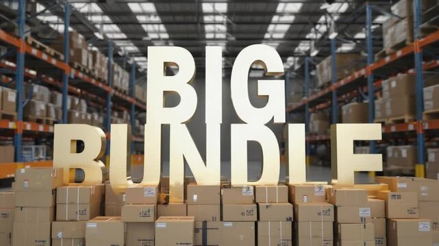 "Big Bundle Text in Warehouse Aisle"