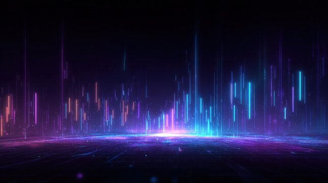 Futuristic digital data visualization with vibrant neon light streaks and glowing vertical lines on a dark background