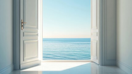 Open doorway framing tranquil ocean horizon, inviting serenity and boundless perspective