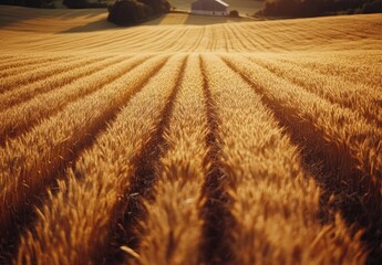 Golden Field of Wheat Illuminated by Warm Sunlight, Harvesting in Rural Landscape.