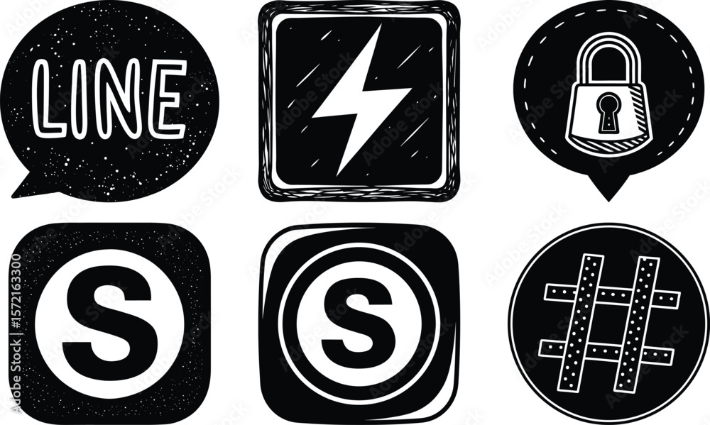 Fototapete vector art of handdrawn style icons including a speech bubble with line, a lightning bolt, a padlock