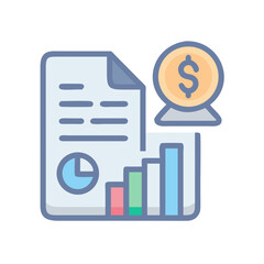Financial report with graph, pie chart, and currency symbol