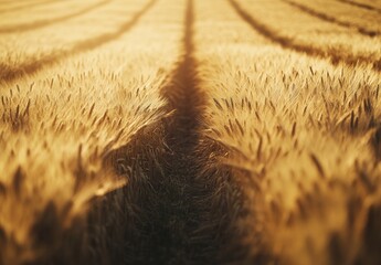 Wheat field lines bathed in sunlight, with path leading through the golden crop under a warm sky.