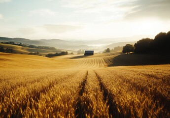 Golden Field, Barn, Sunrise Sunlight bathes wheat field, simple wooden structure in idyllic rural landscape.
