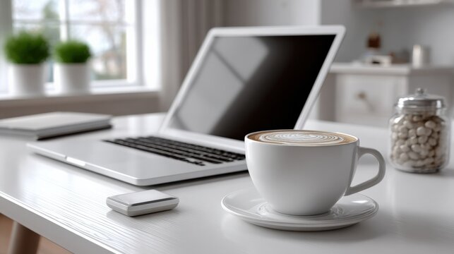 Modern workspace with open laptop coffee cup and decorative items on white desk in well-lit home office setting