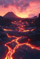 Lava flow at sunset, volcanic landscape with mountain silhouette.