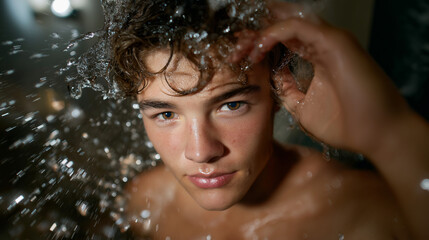 Refreshing Splash of Water on Face in Bathroom