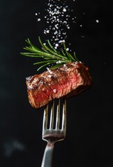 , keywords, and category for the image

 Juicy Grilled Steak Impaled on Fork with Sprinkling Salt, Rosemary, Black Backdrop