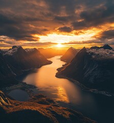 Majestic mountains, river, at sunset casting golden light on a breathtaking panorama in Norway.