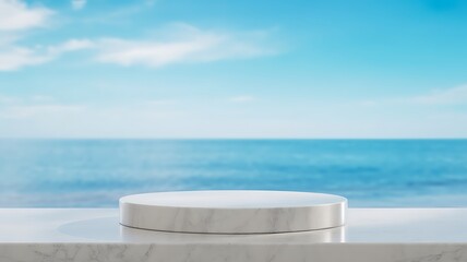 White marble podium on white surface with ocean and sky background display stage