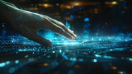 Human Hand and Digital Information: A captivating image showing a human hand interacting with digital information, symbolizing connectivity, innovation, and the technological frontier.
