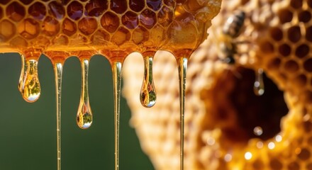 Golden Sweet Nectar Dripping from Honeycomb with Bees Nearby