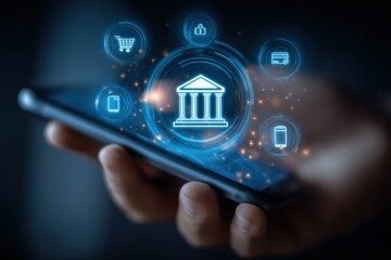 Modern digital banking technology concept with mobile phone displaying banking icons and secure financial transactions visualization
