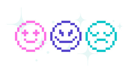 Set of 8-bit emoji. Pixelated smiley. Happy, sad and evil avatar in 8-bit style. Brutalism design, y2k aesthetics. Vector Illustration
