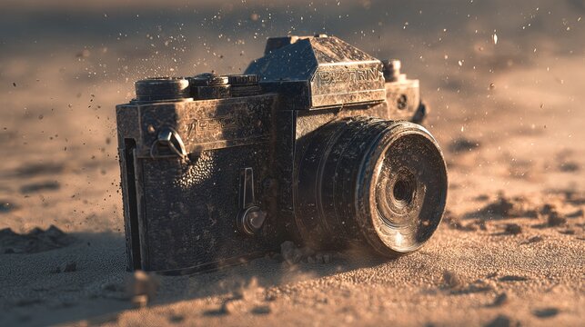 A vintage camera, covered in dust, rests on sandy ground, capturing the beauty of nostalgia and time gone by.