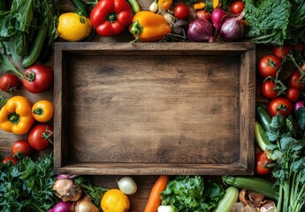 Fresh vegetables arranged around an empty wooden tray, showcasing healthy eating.