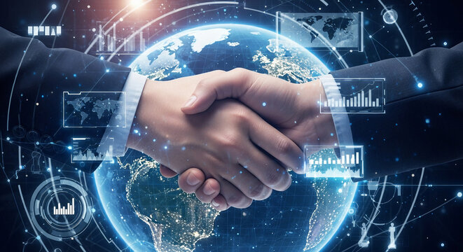 Futuristic Global Market Handshake with Digital Earth Overlay - Powered by Adobe