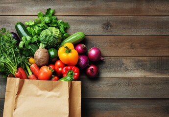 Fresh Produce Displayed in Paper Bag on Wooden Table.