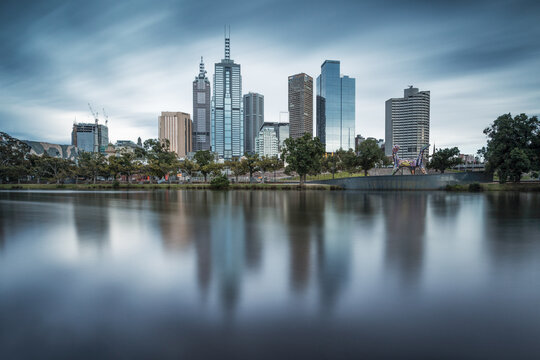 Financial district skyline from the Yarra river at sunrise, Melbourne, Victoria, Australia