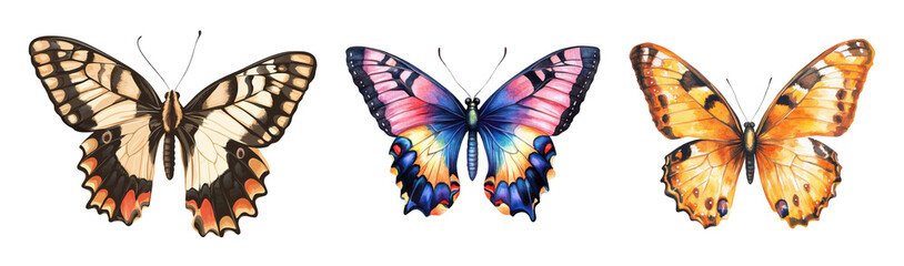 Illustration of three different butterflies isolated on a transparent background