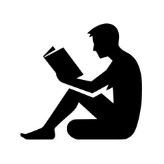 Reading person icon, black silhouette, seated on ground, holding book, minimal clipart