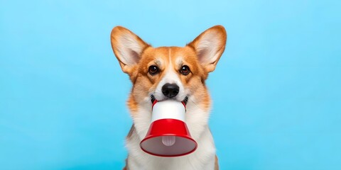 Adorable corgi dog holds red and white megaphone against a bright blue background