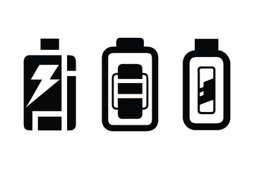 Three stylized black and white icons representing different stages of battery charge or power levels on a white background