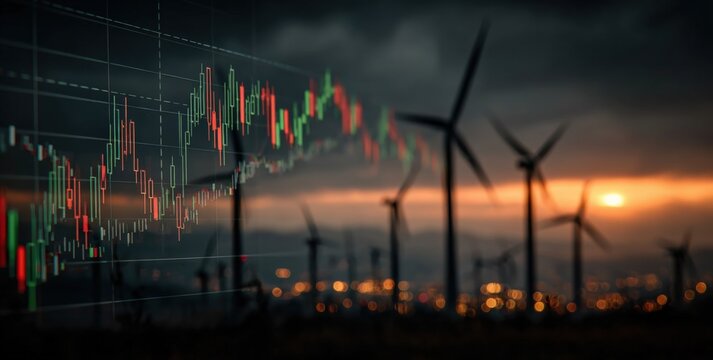 Modern renewable energy wind turbines and digital financial stock market data overlay at sunset for sustainable technology and investment concepts